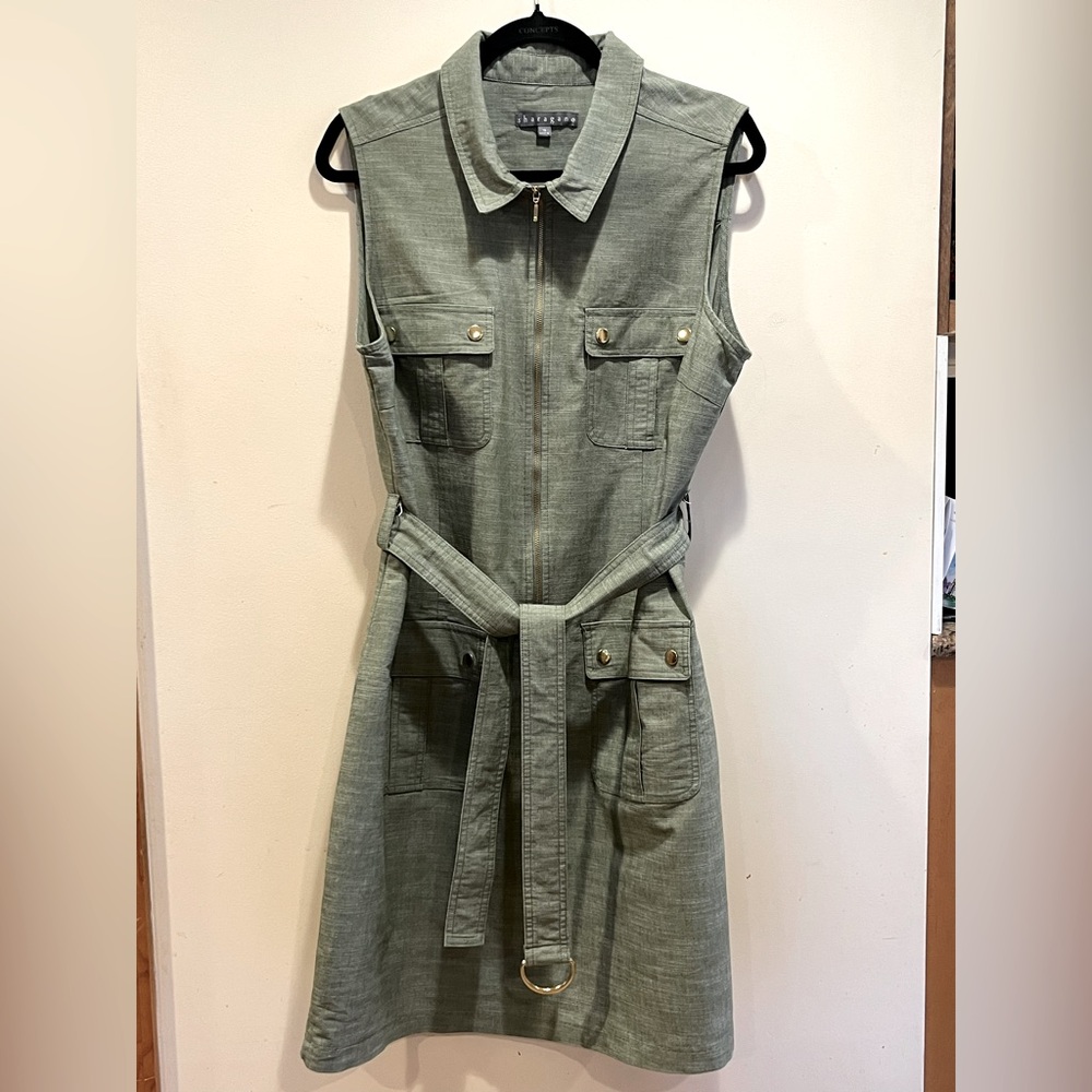 Sharagano Olive Green Dress with Zip-Up Front sz 16